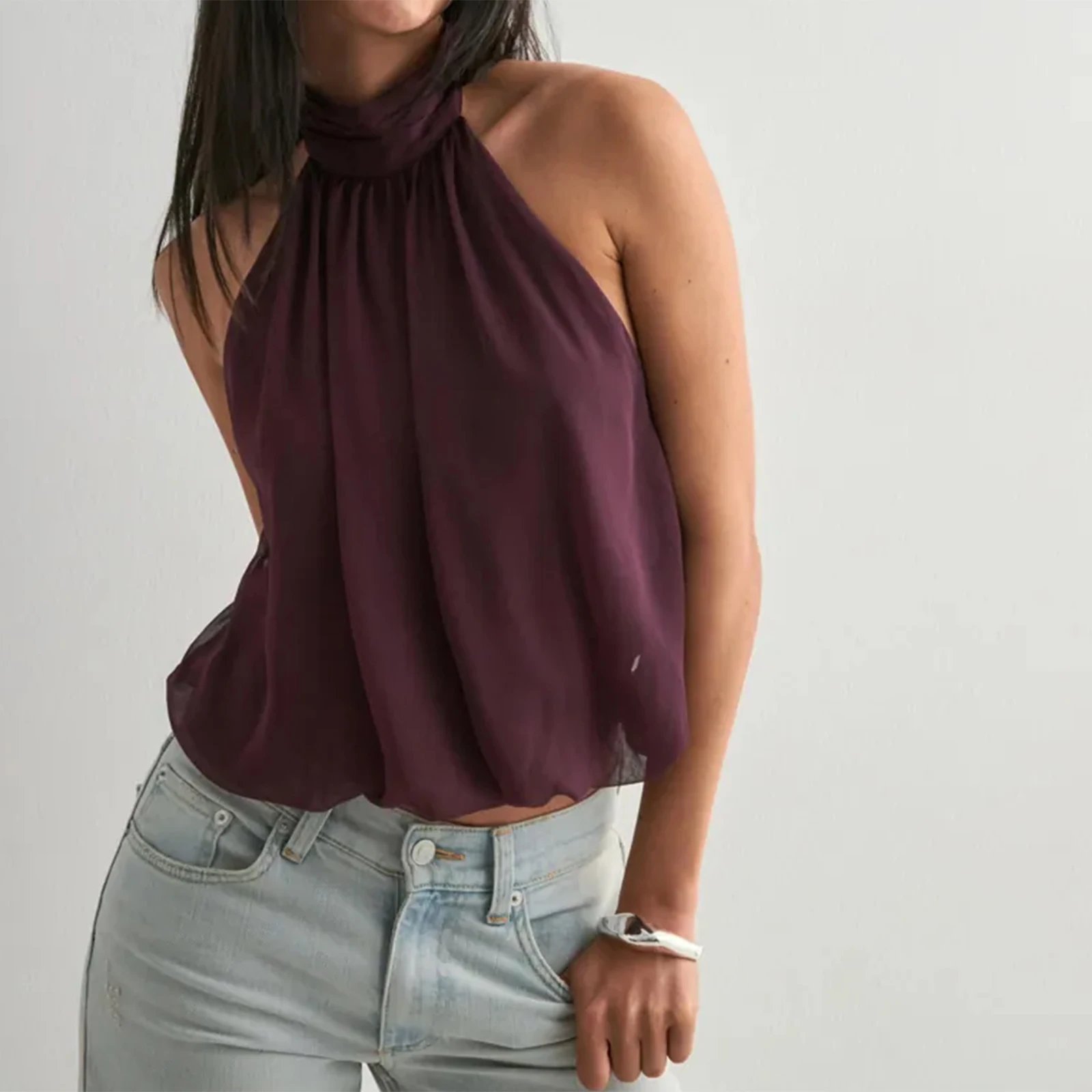 Haut court plissé à bretelles pour femme, style halter, avec ourlet bouffant, élégant, sexy, dos nu, idéal pour sortir