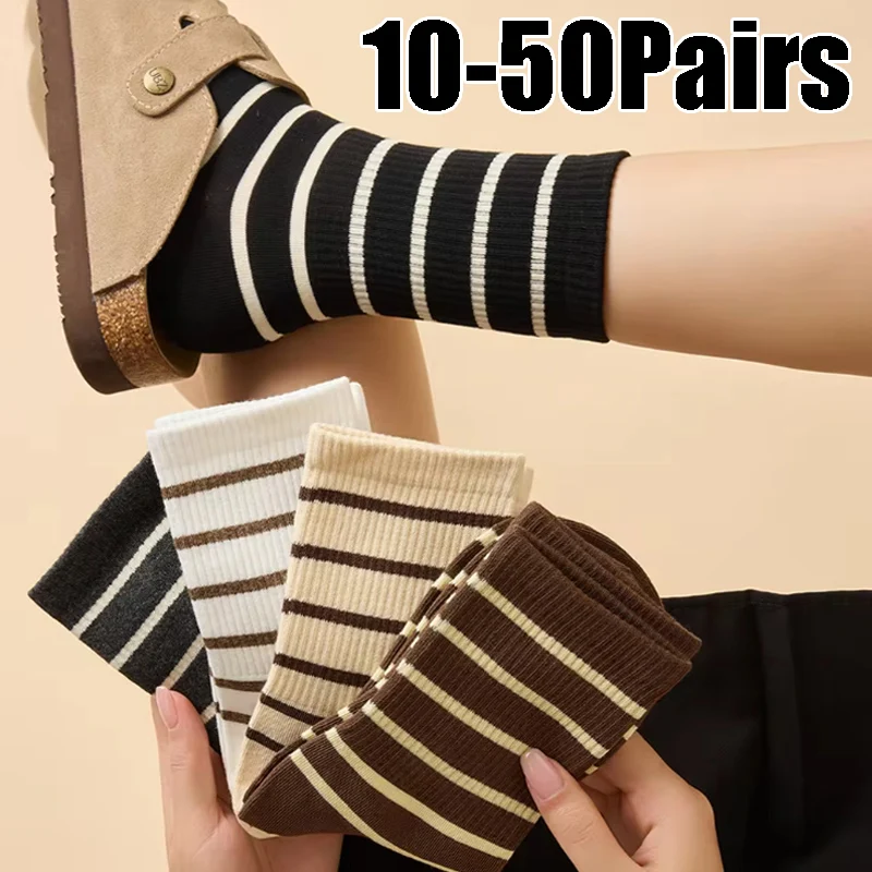 

Women's Stripe Pattern Socks Fashion Minimalist Creative Coffee Design with Comfort Breathable Casual Mid-Crew Cotton