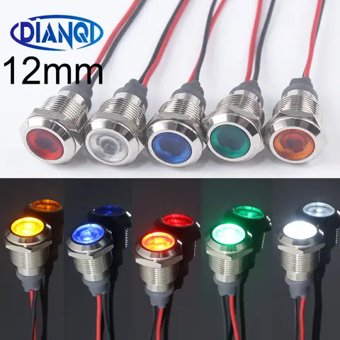 12mm LED Metal Indicator light waterproof Signal lamp with wire red yellow blue green white 3V 5V 6V 12V 24V 220V 110V
