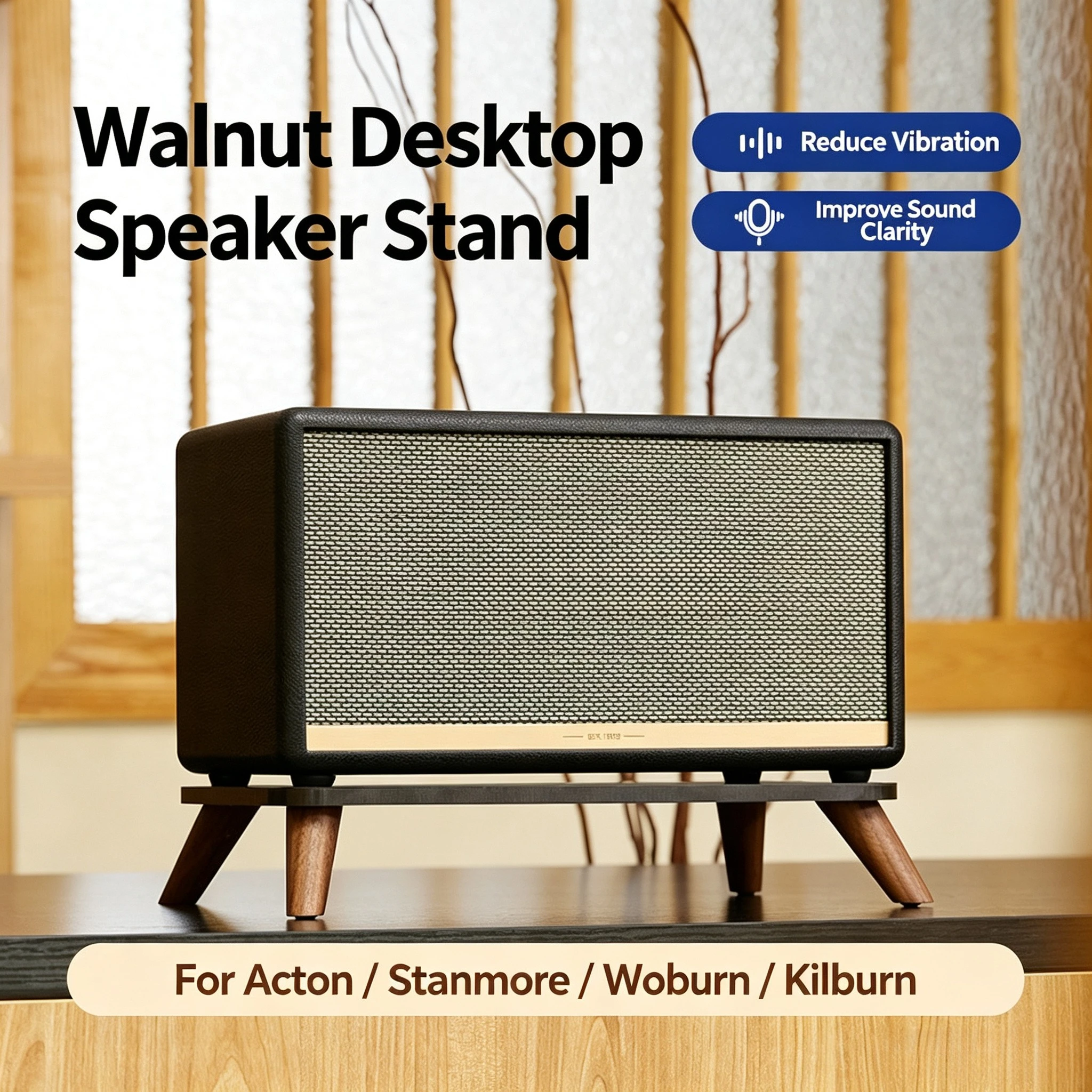 Walnut Desktop Speaker Stands for Marshall Acton Stanmore Wobunrn Kilburn Resonance Damping Isolation Riser Anti-Vibration Pads