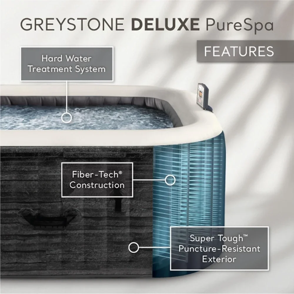 PureSpa Greystone Deluxe Inflatable Hot Tub, with with Built-in FastFill Inflation System, Spa Control App, and 4 Person Capacit