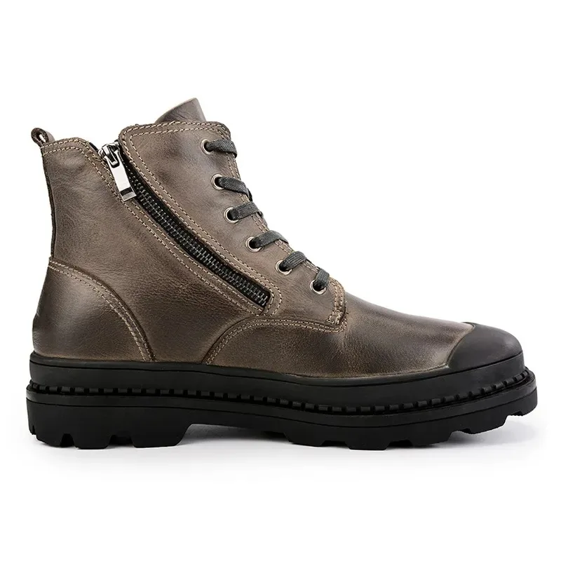 Men Ankle Genuine Leather Boots With Zipper Winter Plush Warm Work Shoes Without Steel Cap Big Size 47 48 Botas Hombre Cuero