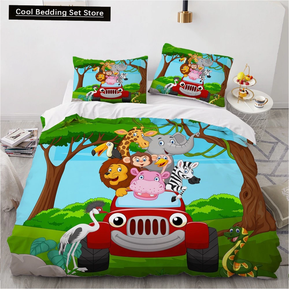 

Cartoon Animal King Queen Duvet Cover Elephant Red Car Bedding Set for Kids Lion Monkey Wildlife 2/3pcs Polyester Quilt Cover