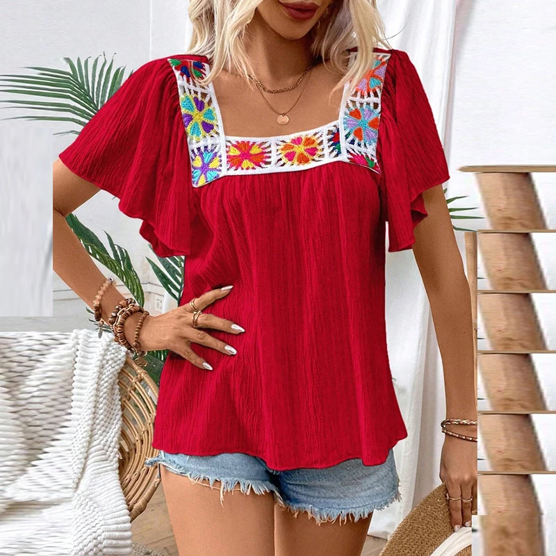 Camiseta de manga corta de verano para mujer, camisetas caladas estampadas con cuello cuadrado, Jersey holgado, camisa informal para mujer