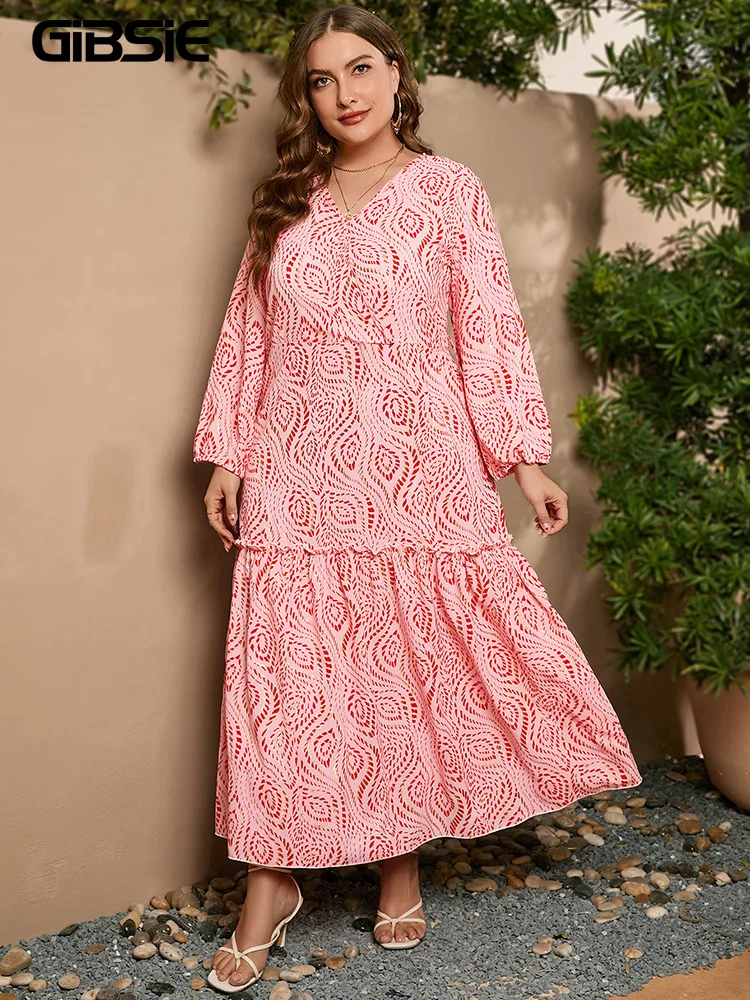 GIBSIE Plus Size Gold Print V-Neck Long Sleeve Belted Dress Bohemian Vacation Casual Women Spring Fall A-line Maxi Dress 2023