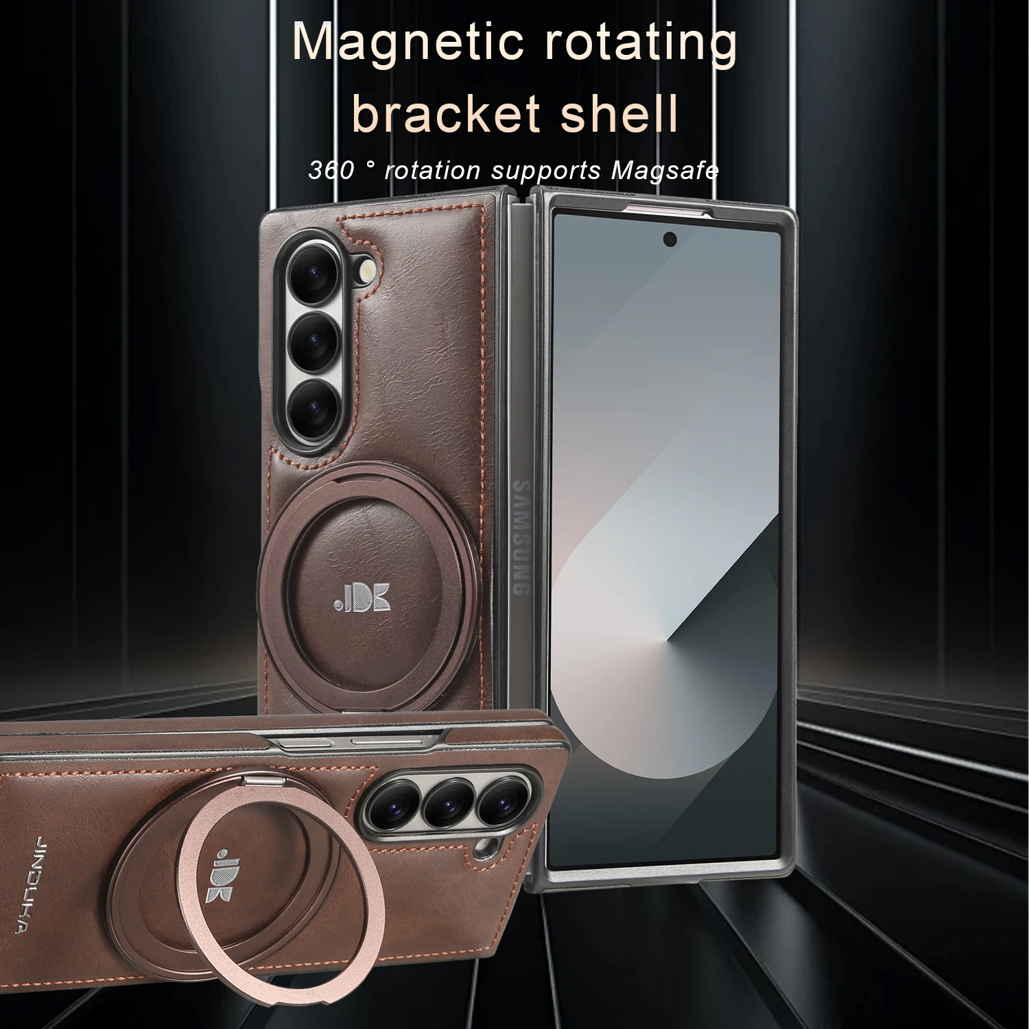 

Для Samsung Galaxy Z Fold 7, 6, 5, 4, 3, 360 ° Кожаный чехол для телефона с вращающимся кронштейном, противоударный чехол Magsafe с магнитной беспроводной зарядкой