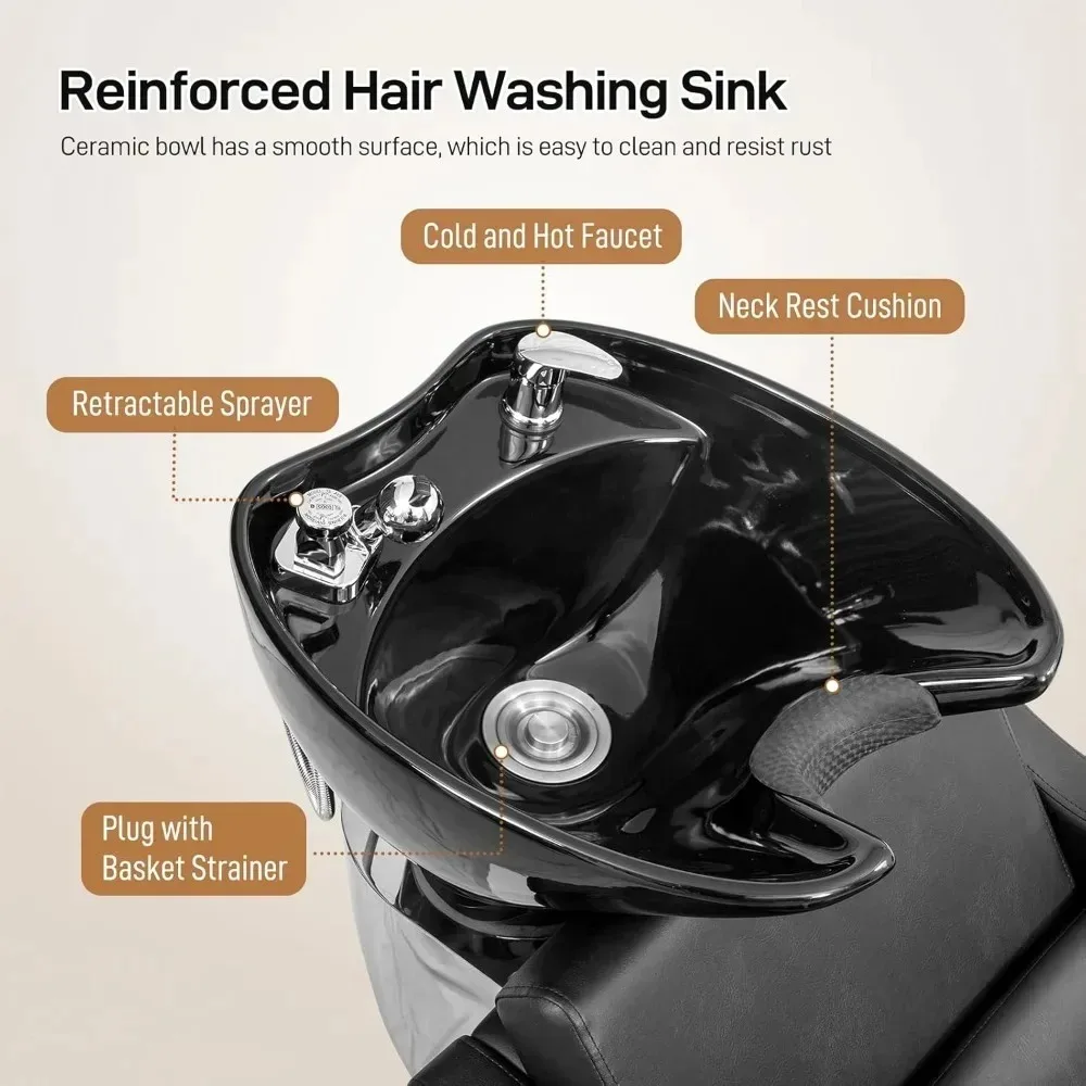 Shampoo Backwash Barber Chair – Ceramic Hair Wash Bowl Sink, Adjustable Leg Baffle & Reclining Feature for Salon​