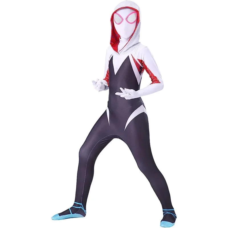 

Girls Gwen Spider Cosplay Costume with Mask Kids White Spidergirl Bodysuit Jumpsuit Mask 3D Style Halloween Costumes Suit