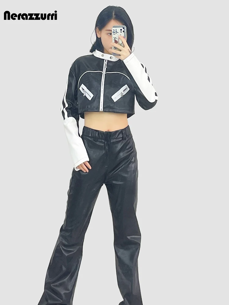 Nerazzurri Spring Short White and Black Color Block Pu Leather Racer Jacket Women Stand Collar Long Sleeve Luxury Cropped Top