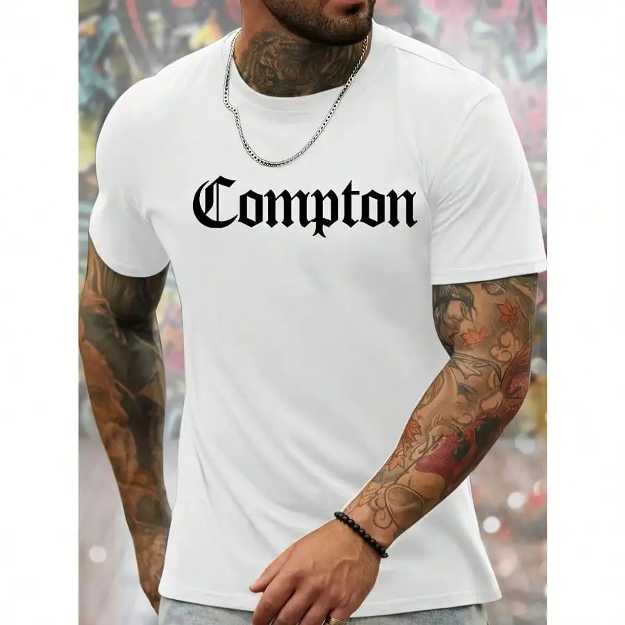 

Men's Fashionable Light Blue Crew Neck T-Shirt With "Compton" Print - Casual, Humorous,Machine Washable For Spring & Summer Wear