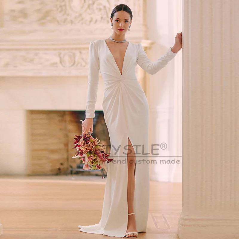 GIYSILE Gaun Pengantin Lengan Panjang Putih Kustom Gaun Putri Duyung Sederhana Leher V Dalam Gaya Baru 2025 Mewah Gaun Pengantin Prancis