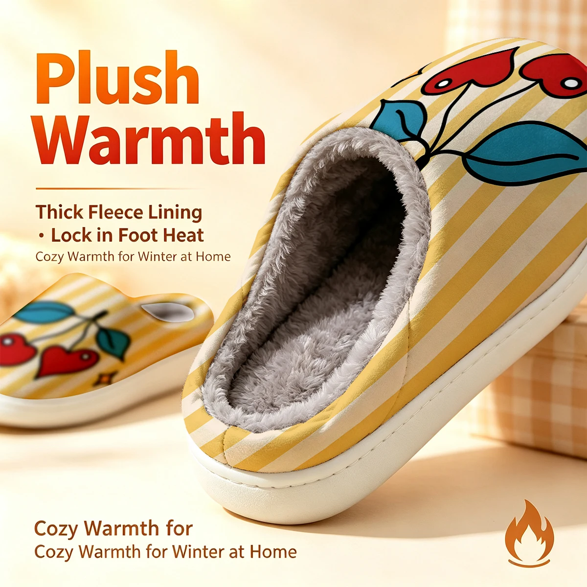 Heart Cherry Stripe Christmas White Slippers Warm Plush Indoor Shoes Non-Slip Winter Slippers Family Holiday Gifts Soft
