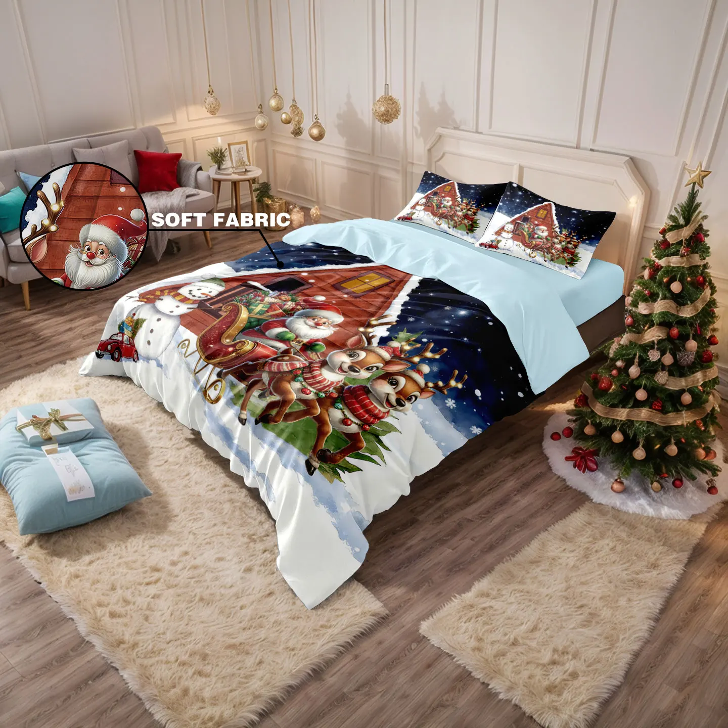 3pc Christmas house print coreless duvet set multi size bedroom holiday dormitory bedding decoration softmachine washable