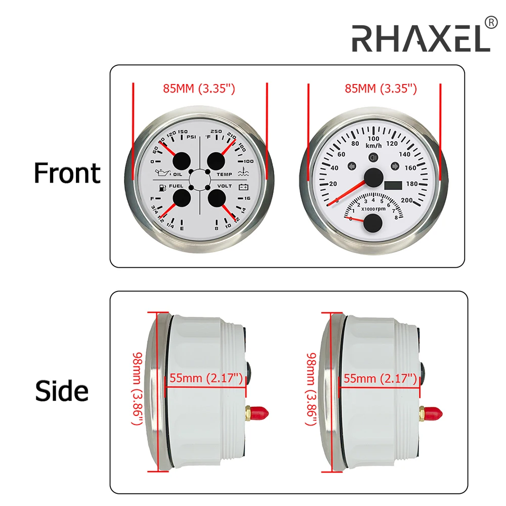 

RHAXEL 2 Gauge Set Car 85mm Speedometer GPS 200km/h Tachometer 8000RPM Fuel Level Water Temp. 100-250℉ Oil Press. Voltmeter 12V
