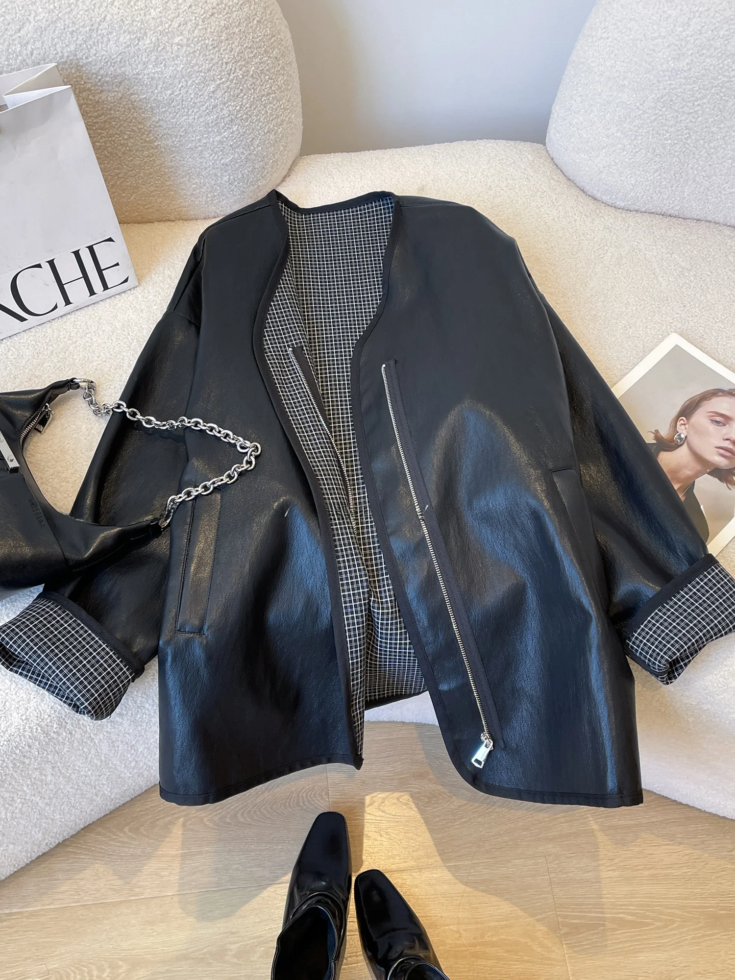 Loose Black Leather Jacket Women's Casual Versatile Spring Fashion Design Sense Small Crowd Match All over the World Top