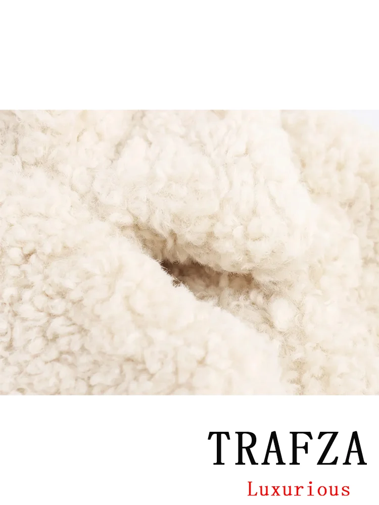 TRAFZA Vintage Faux Fur Women Jackets Solid Turn-down Collar Long Sleeve Warm Coat Chic White Fashion 2024 Winter Autumn Outwear