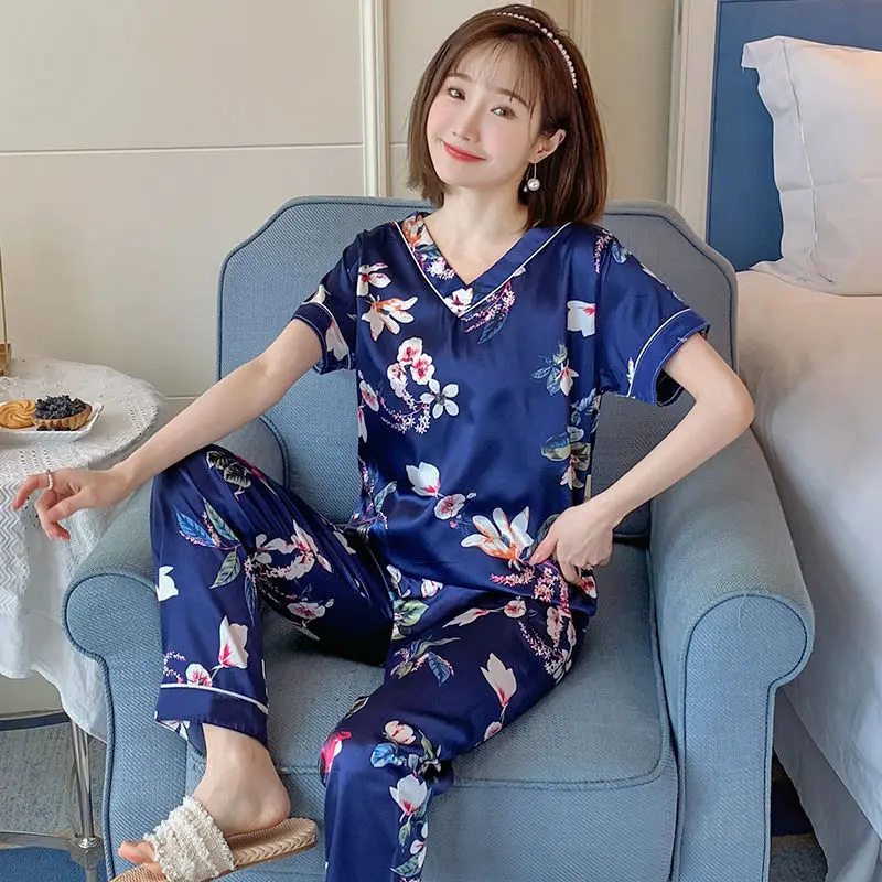 Women's Summer Thin Simulation Silk Pajamas  V-neck Short Sleeve Pants Oversized Loose Home Suit Sweet Printed Loungewear