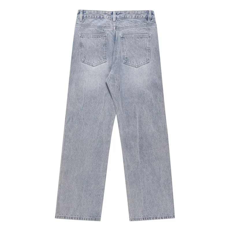 Light Blue Jeans Men Y2K Solid Color Straight Pants with Button Pockets Loose Simple Trousers A149