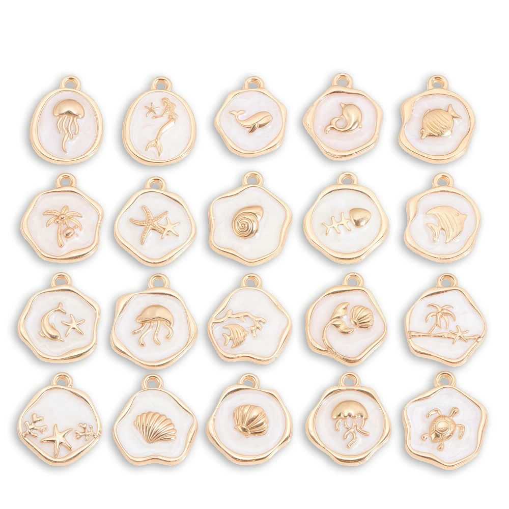 10Pcs Ocean Theme Enamel Charms Gold Tone Metal Sea Life Pendants with White Background for DIY Jewelry Making Necklace Bracelet