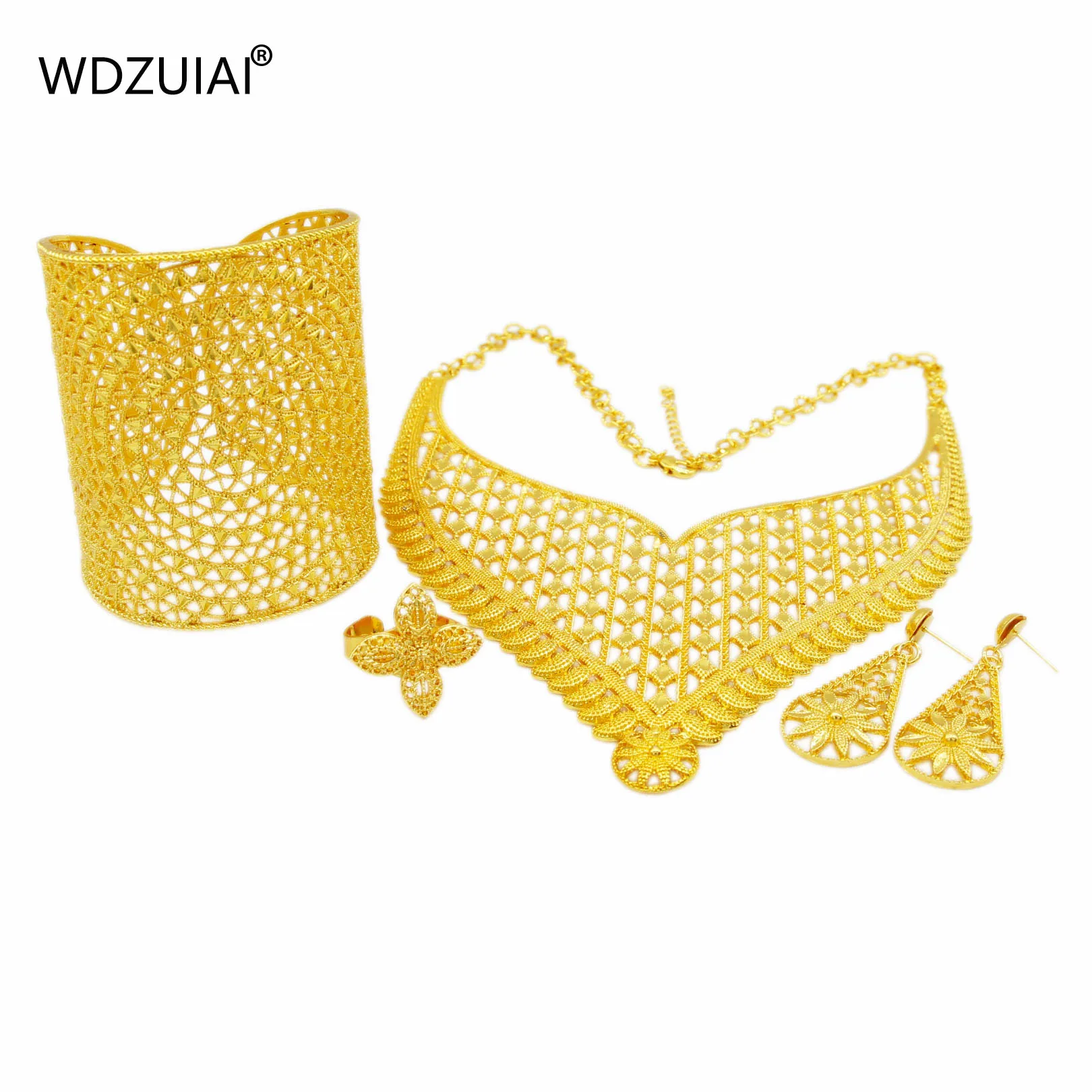 WDZUIAI Dubai 24K Gold Color Bridal Jewelry Set Necklace/Bracelet/Earrings/Ring Set for Women African Arab French Wedding Gifts