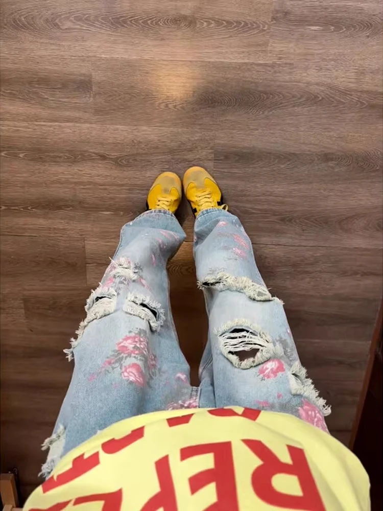 

American High Street Floral Ripped Denim Pants Men Women Summer High Waist Slim Print Loose Wide Leg Long Trousers