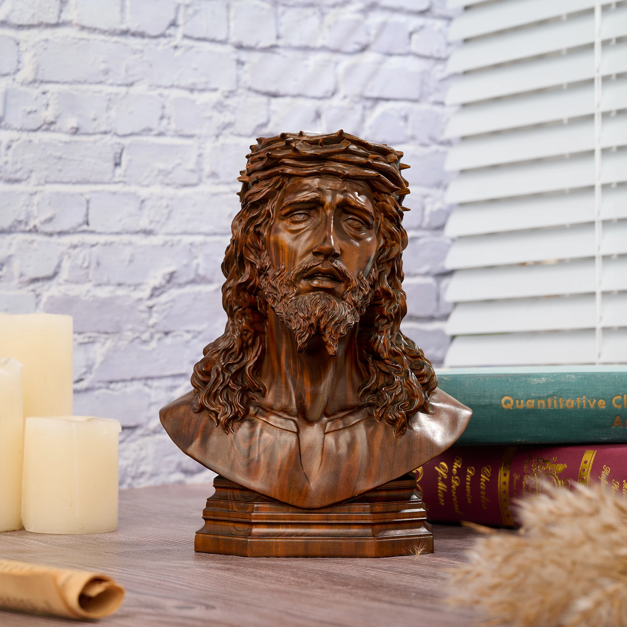 Wood Carved Jesus Christ Bust Statue Crown of Thorns Religious Sculpture Retro Wooden Head Figurine Catholic Home Altar Tabletop