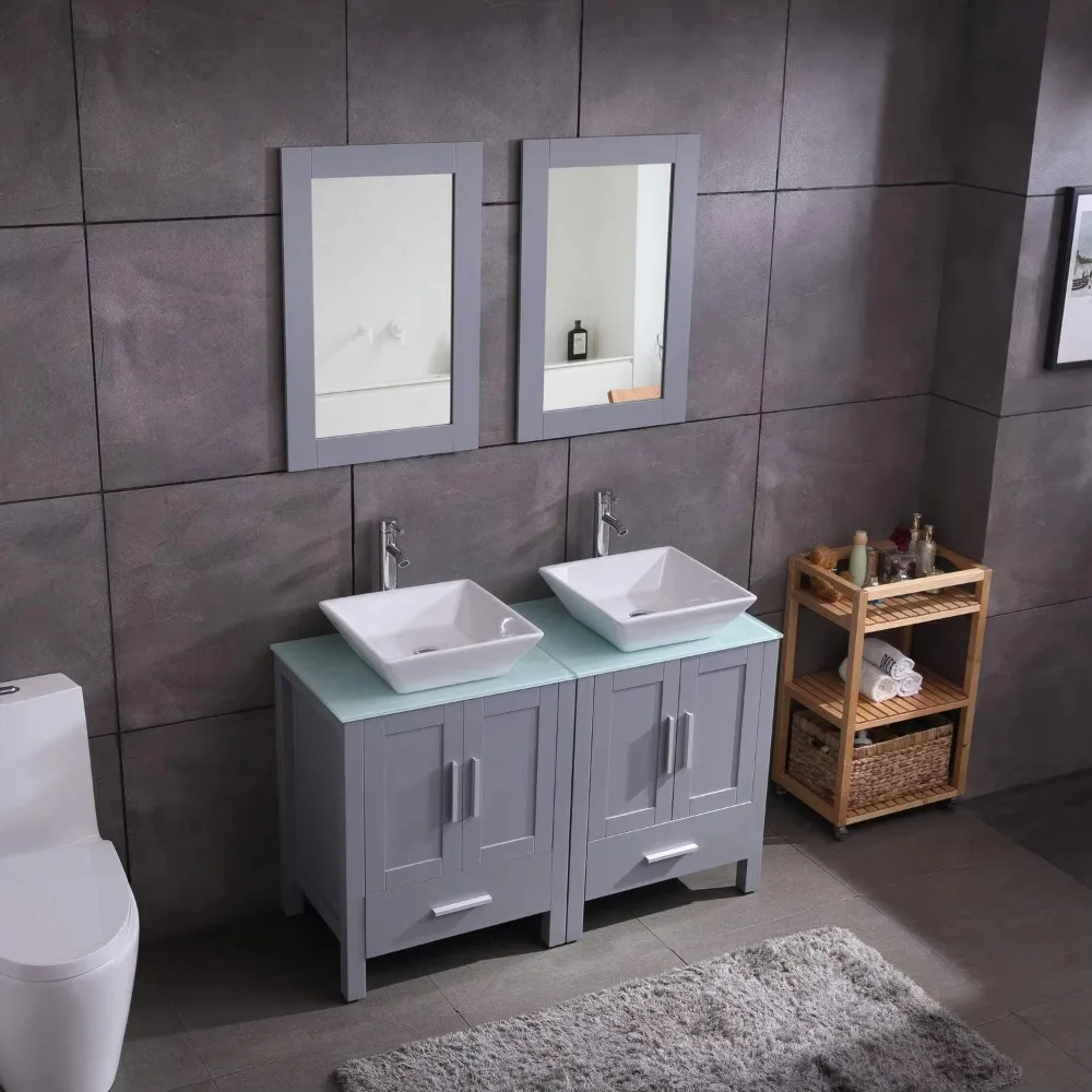 48 Inch Double Sink Bathroom Vanity Cabinet Combo Glass Top Grey Paint MDF Wood W/Faucet, Mirror&Drain Set