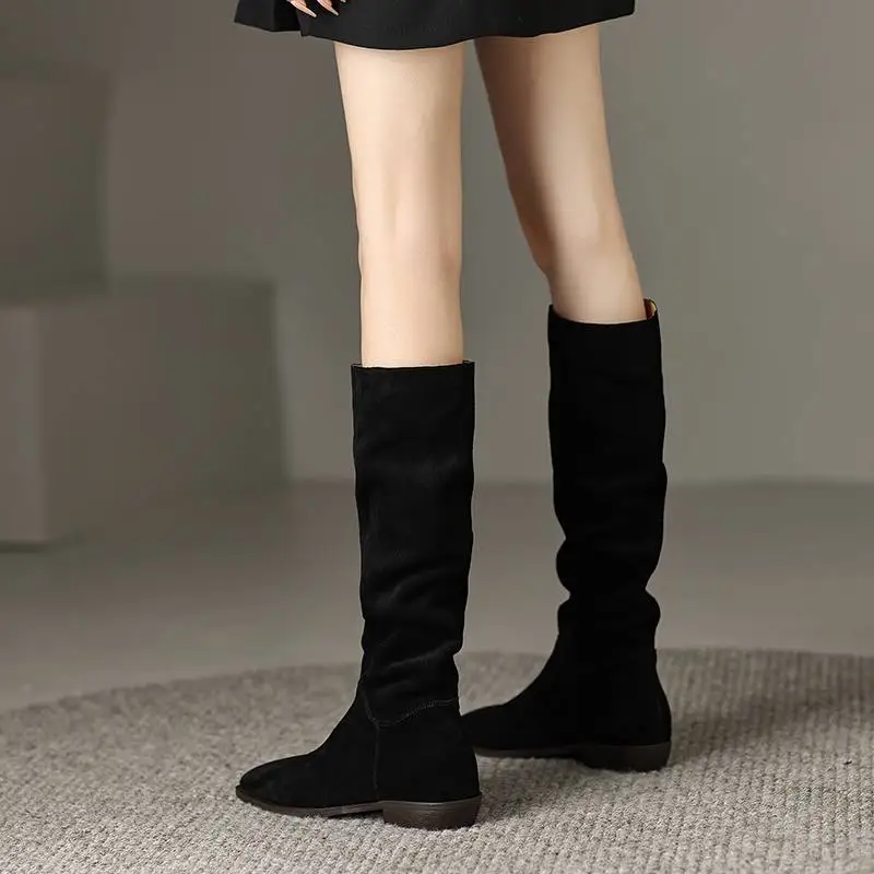 Krazing Pot Cow Suede Pointed Toe Med Heels Riding Long Boots Sewing Thread Western Simple Style Modern Slip on Thigh High Boots