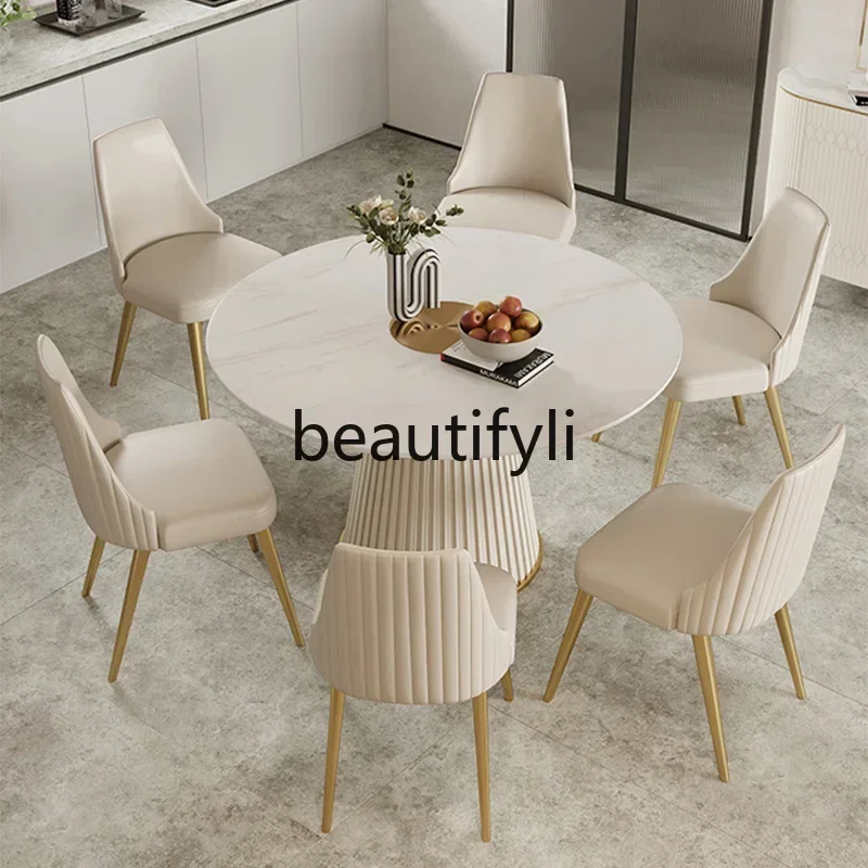 32A Light Luxury Cream Style Rock Plate Dining Table and Chair Combination Round Household Commercial Table
