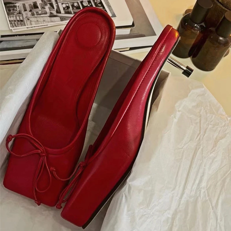 Brand Designer Mule Pumps Women Slippers Bow Square Toe Party Dress Shoes Women Red Elegant Sexy Luxury High Heels Sandals Women