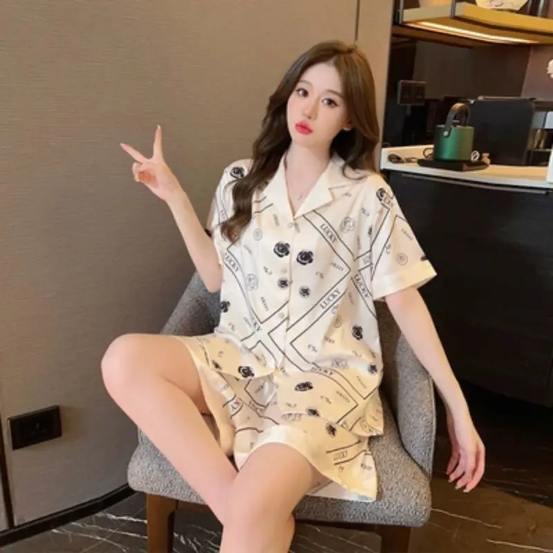 Ice Silk Pajamas Summer Loungewear Women Pajamas Sets Short Sleeve Top Shorts Korean Fashion Thin Sleepwear Kawaii Clothing