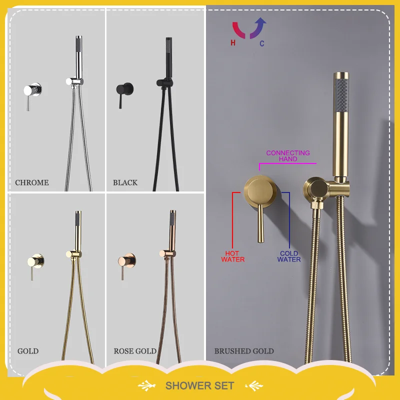 

Brushed Gold Round Handheld Shower Set With Hidden Hot And Cold Water Mixing Valve Bathtub Shower Water-Saving Handheld Shower