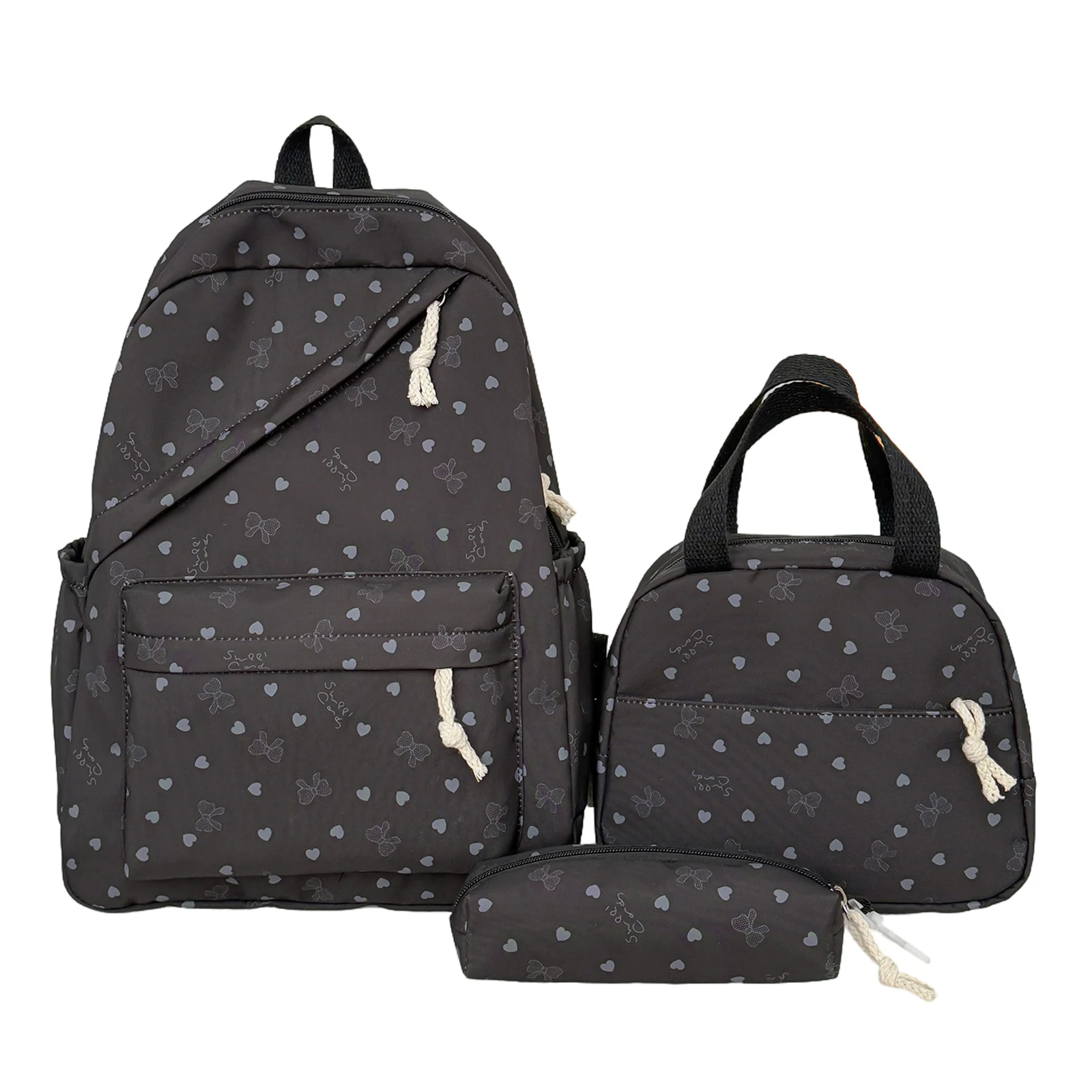 3Pcs Nylon Bow Print Cute Set with Lunch Box and Pencil Case Large Capacity for Teens Women Women College Outdoor