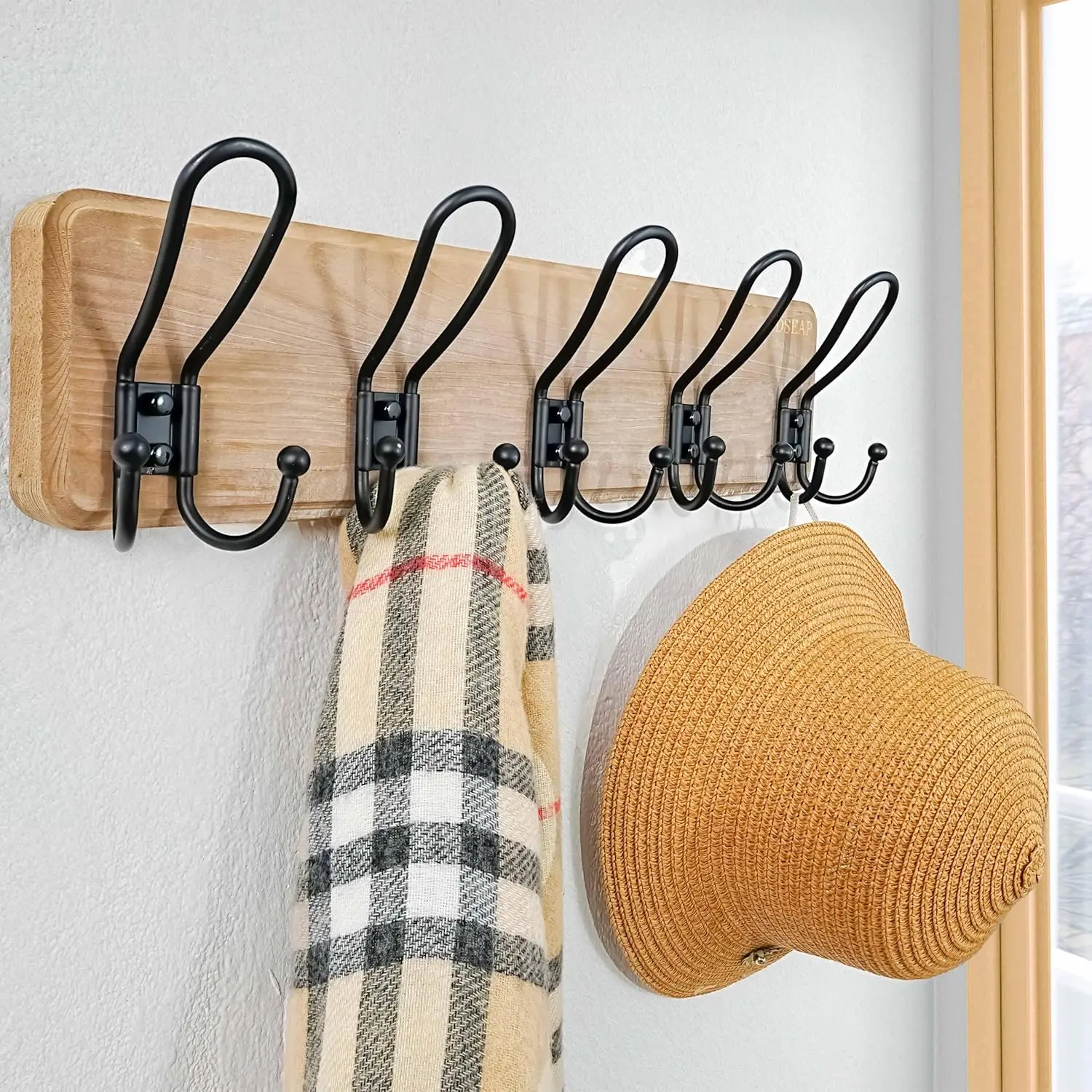 Coat Rack Wall Mounted - Heavy Duty Farmhouse Rustic Wall Coat Hanger with 5 Wire Hooks for Clothes Hat Jacket Towel, Ru