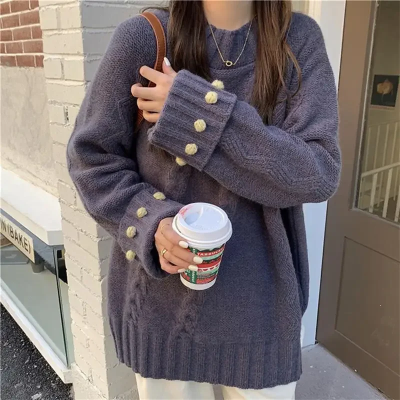 Deeptown Vintage Women Sweater Korean Fashion Long Sleeve Knitted Pullover Loose Solid Color Twist Knitwear Autumn Winter Casual