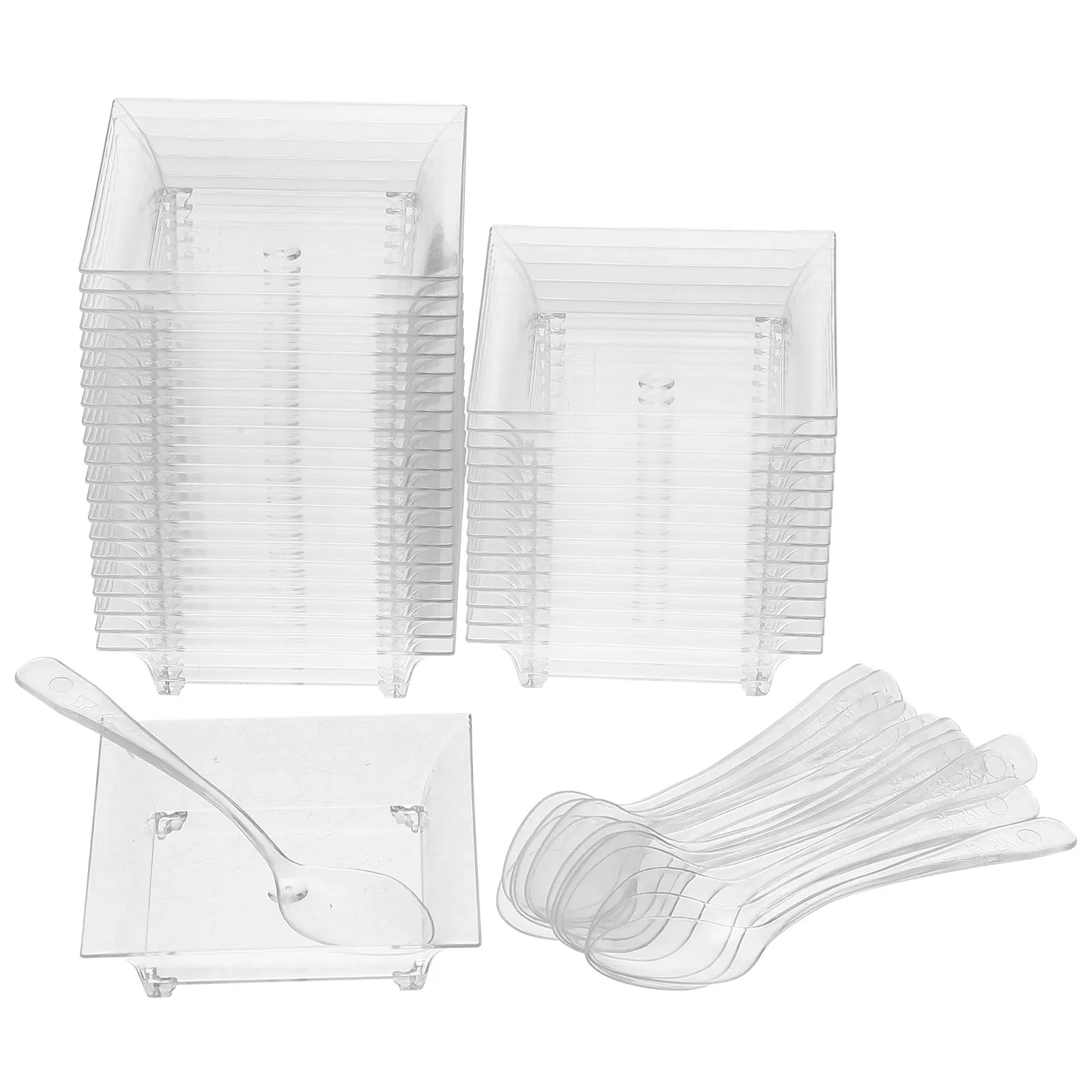 100 Stück transparente, quadratische Dessertteller, Mini-Servierteller für Geburtstag, Hochzeit, Kuchen, Snacks, Käsekuchen, Löffel, Wüstengeschirr