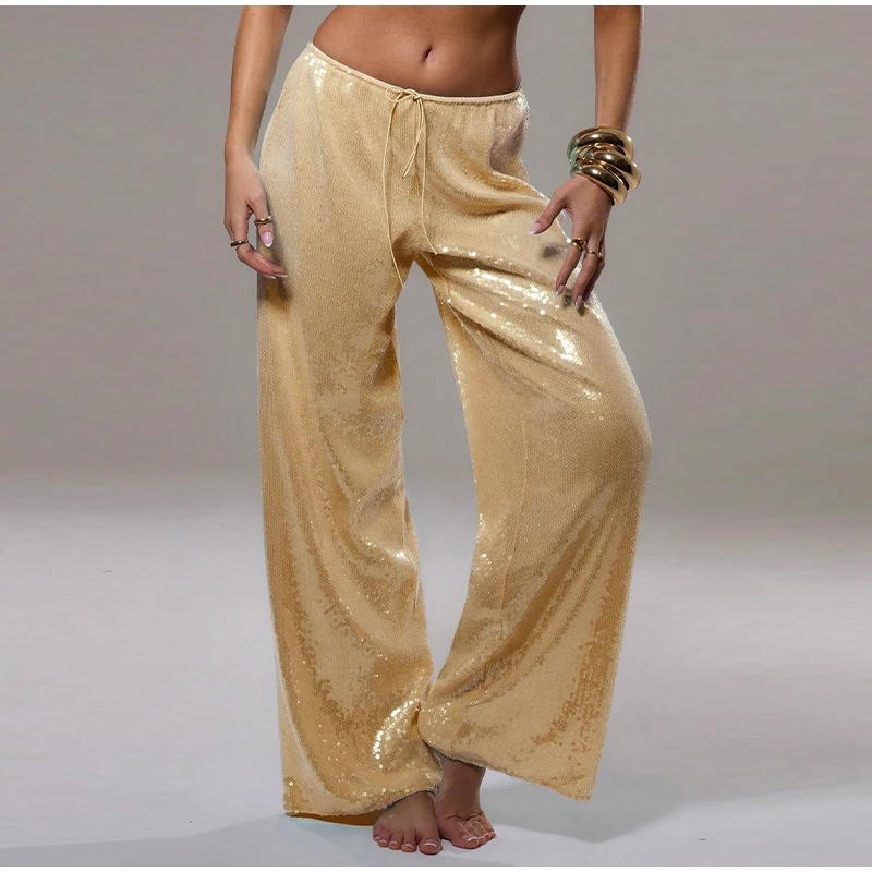 Street Sequin Lace Up Pants Women Elastic Low Waist Wide Leg Trousers Female 2026 Spring Summer Lady Shiny Party Club Clothes