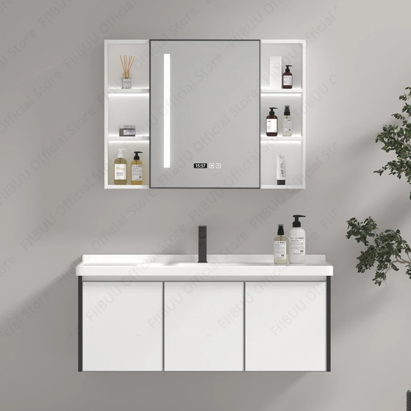 

Wall Mounted Bathroom Vanity Combo with Integrated Wash Sink Basin Mirror Cabinet Floating Large Storage Cabinet for Bathrooms