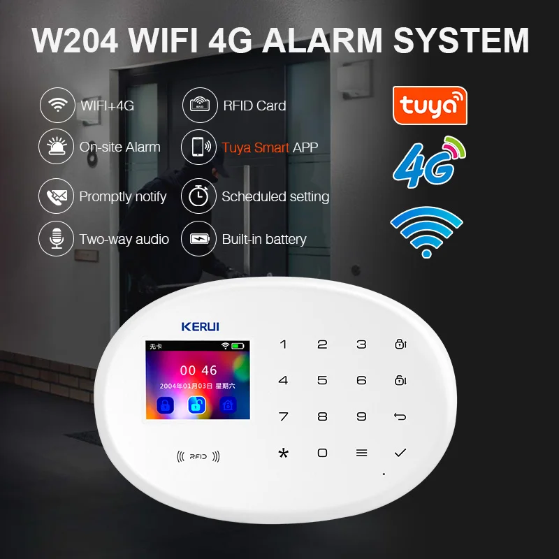 KERUI W204 4G GSM WIFI Alarm System 2.4inch Screen Tuya Smart Home Security Alarm Buglar RFID Wireless Motion Sensor Detector