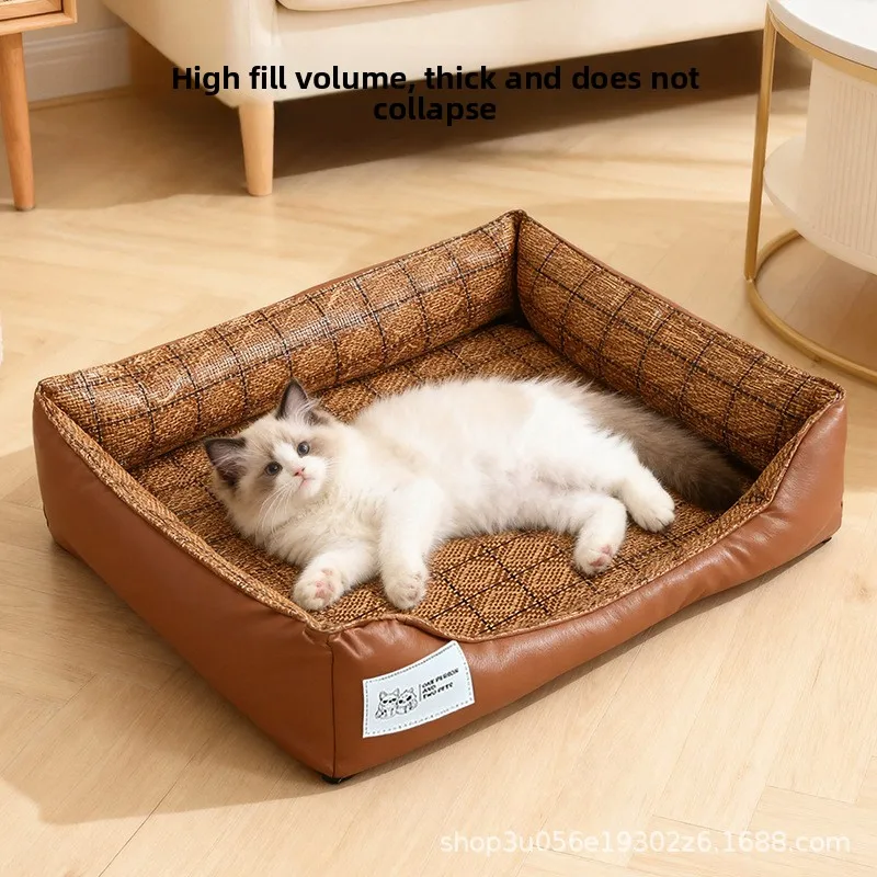 Cat and dog bed, summer rattan mat, square mat for small, medium, and large dogs, cooling pad, suitable for all seasons