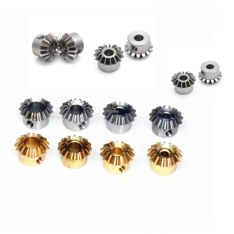 2PCS Brass Bevel Gear 0.8 Mod 15T 1:1 Ratio 90 Degree Right Angle Transmission 3-6.35mm Bore M3 Grub Screw Gear Fitting