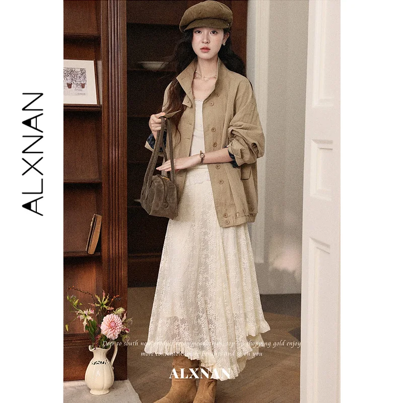 ALXNAN White Skirt 2026 New Fall Elastic High Waist Pleated Irregular Lace Skirts French Elegant Style Female Clothing L67708