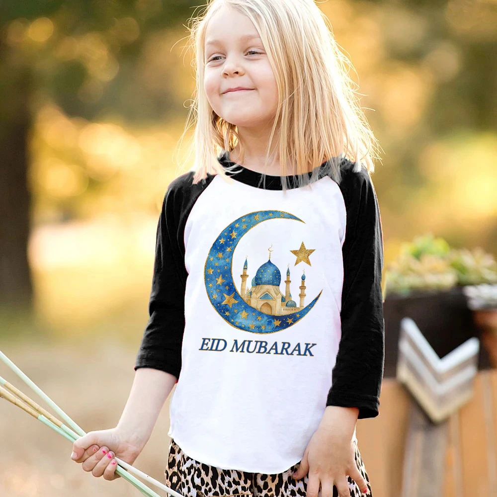 Eid Mubarak Print Kids Shirt Islamic Muslim Holiday Boy Girl Raglan T-shirt  Eid Ramadan  Child Clothes Long Sleeve Outfit Tops
