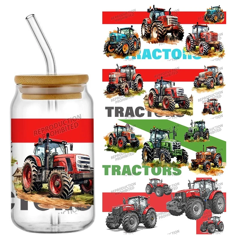 Cartoon Tractors Pattern For Libbey 16oz Can Glass 3D Waterproof UV DTF Coffee Can Wrap Libbey Glass Wrap