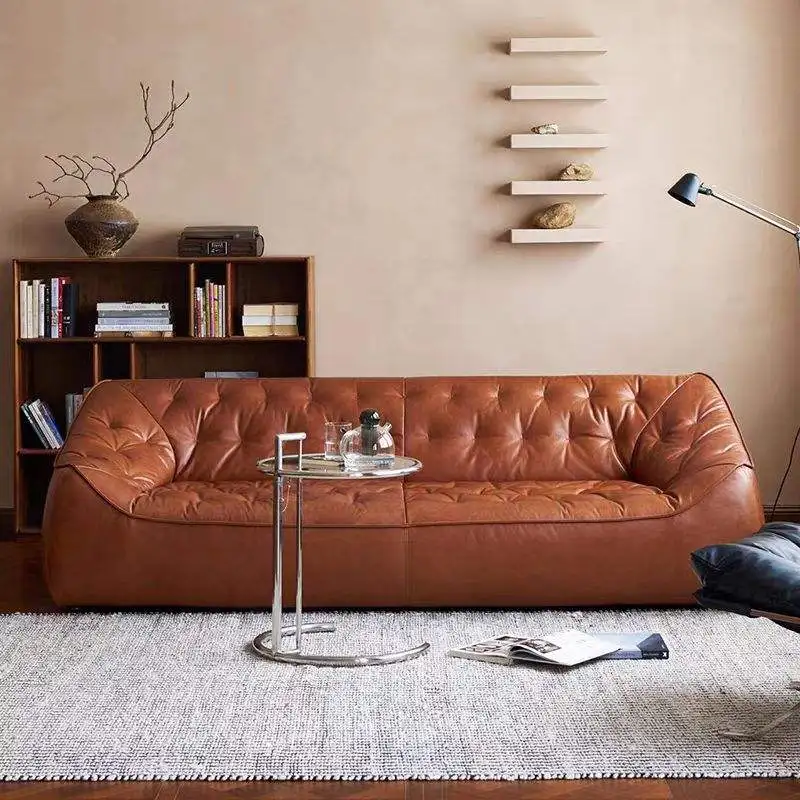 #Newest Design Black Modern Oil Wax Full-Grain Leather Tufted Button Square Shaped Three Seat Sofa Sectional Sponge Apartment