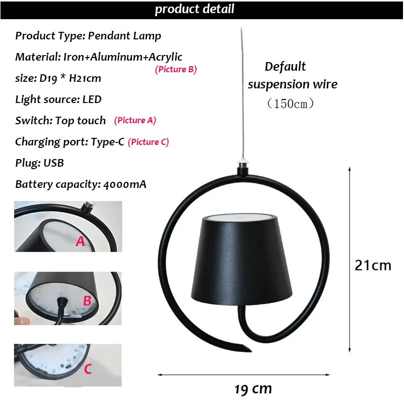 Lustre recarregável em forma de arco LED, luz pendente retro, lâmpada interruptor de toque superior, atmosfera interior, iluminação para sala de estar