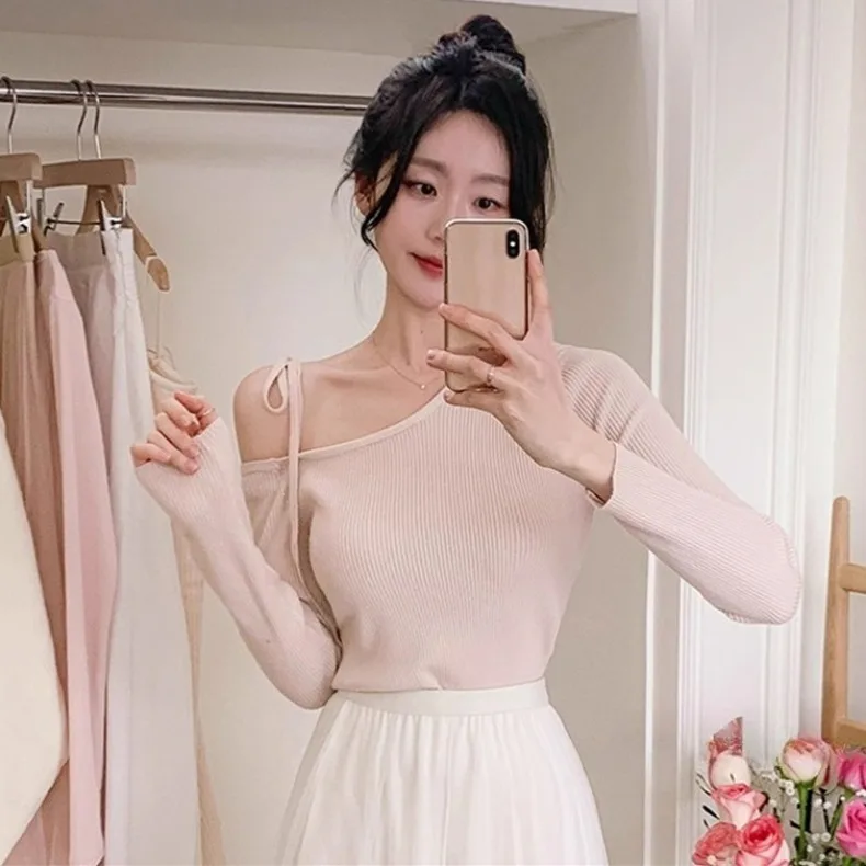 

Сексуальный вязаный топ с бретелями и длинными рукавами, облегающий трикотажный джемпер с завязками на плечах, новинка Dongda Gate, для повседневной носки