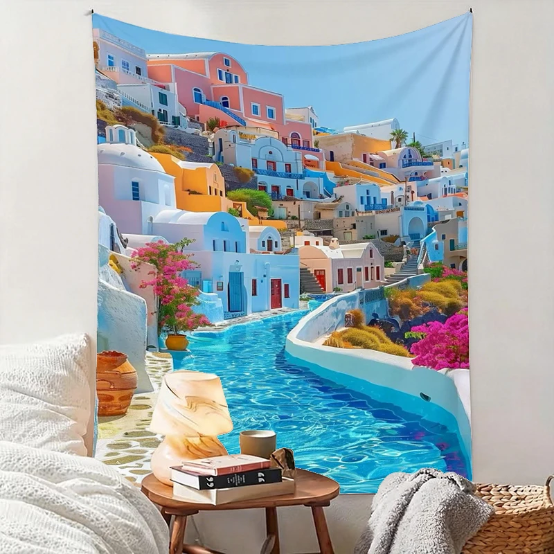 1PC Santorini Building Art Print Backdrop Banner, Bedroom Living Room Photo Background, Polyester, Home Decor, Wall Art