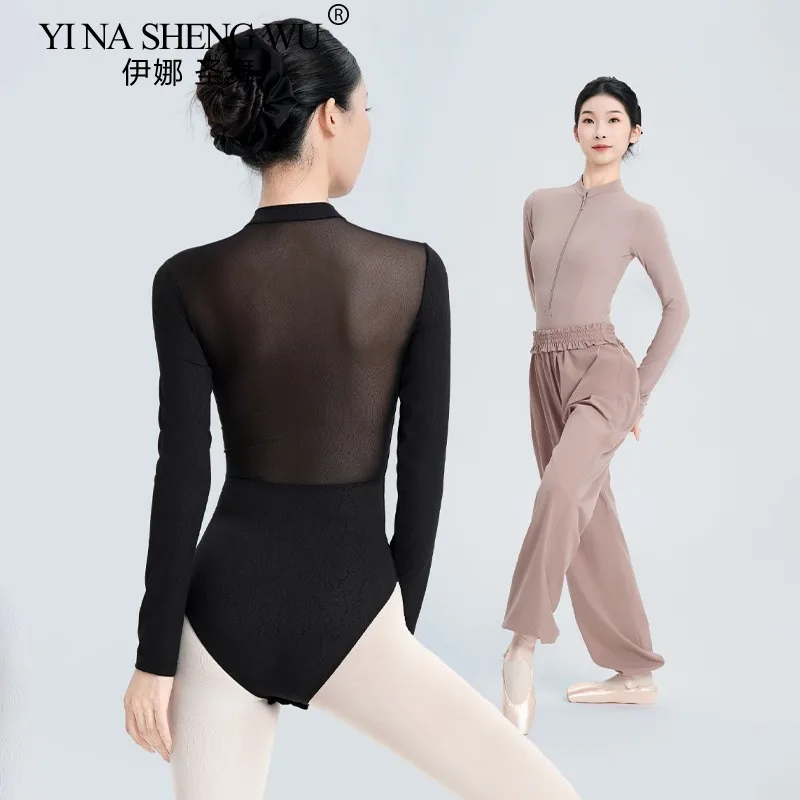 Women Ballet Practice Leotards Adult Stand Collar Zipper Long Sleeve Back Mesh Ballet Dance Leotard Gymnastics Dance Bodysuits