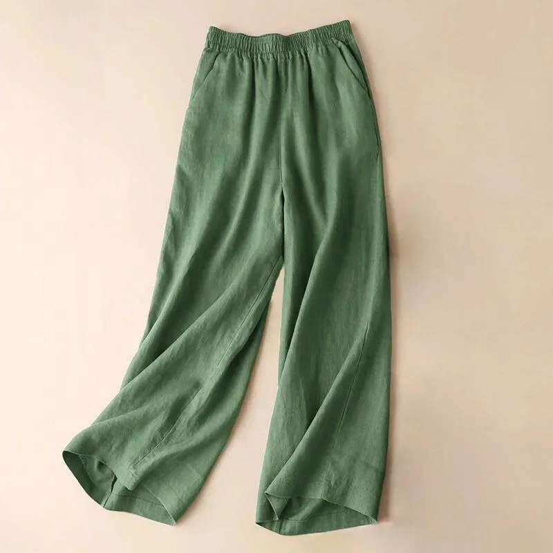 Women\'s linen and cotton casual trousers, nine-quarter wide-leg trousers, work trousers, high-waisted straight-leg trousers